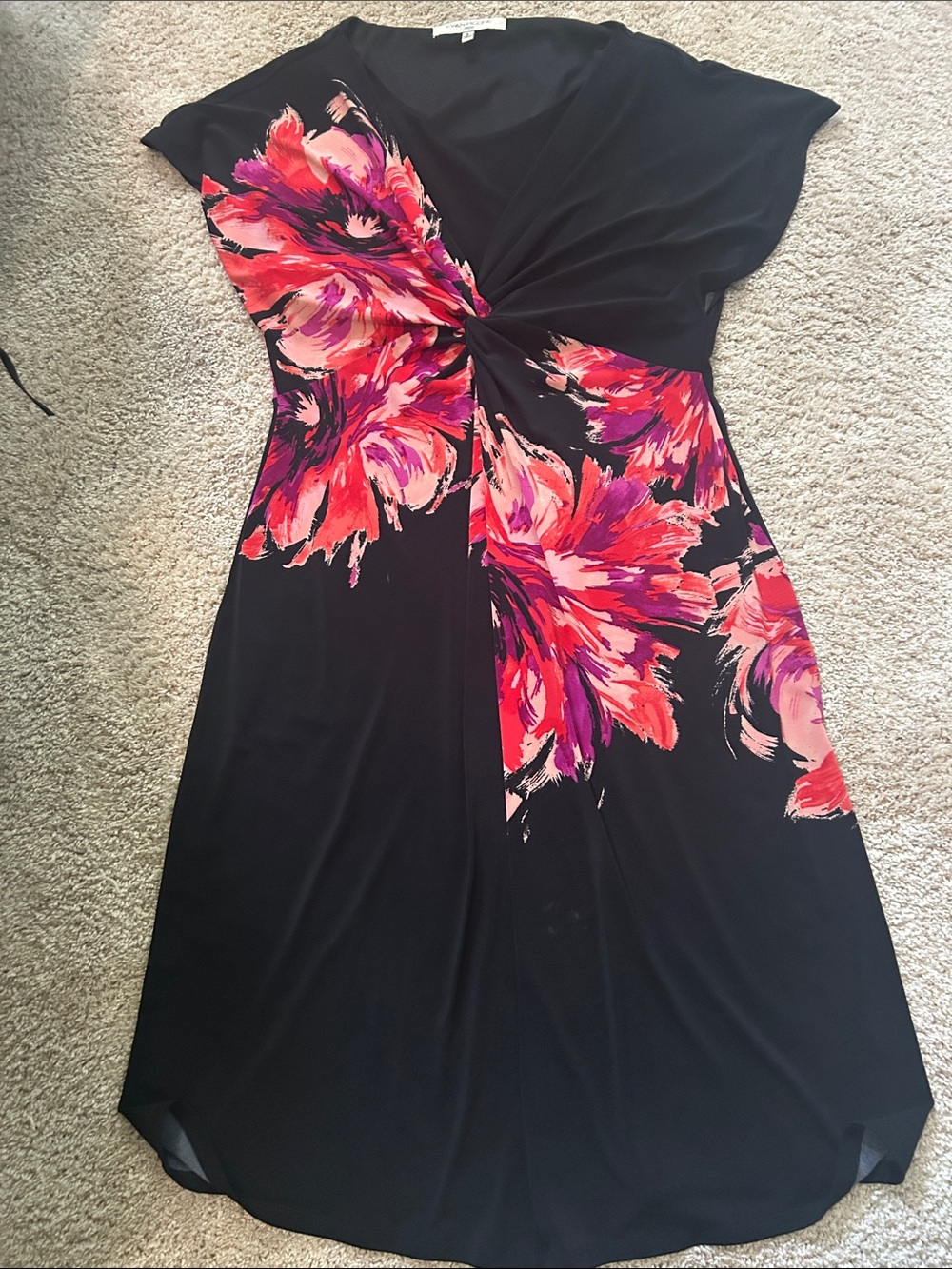 Evan Picone Black Midi Dress with Pink & Purple Floral Print